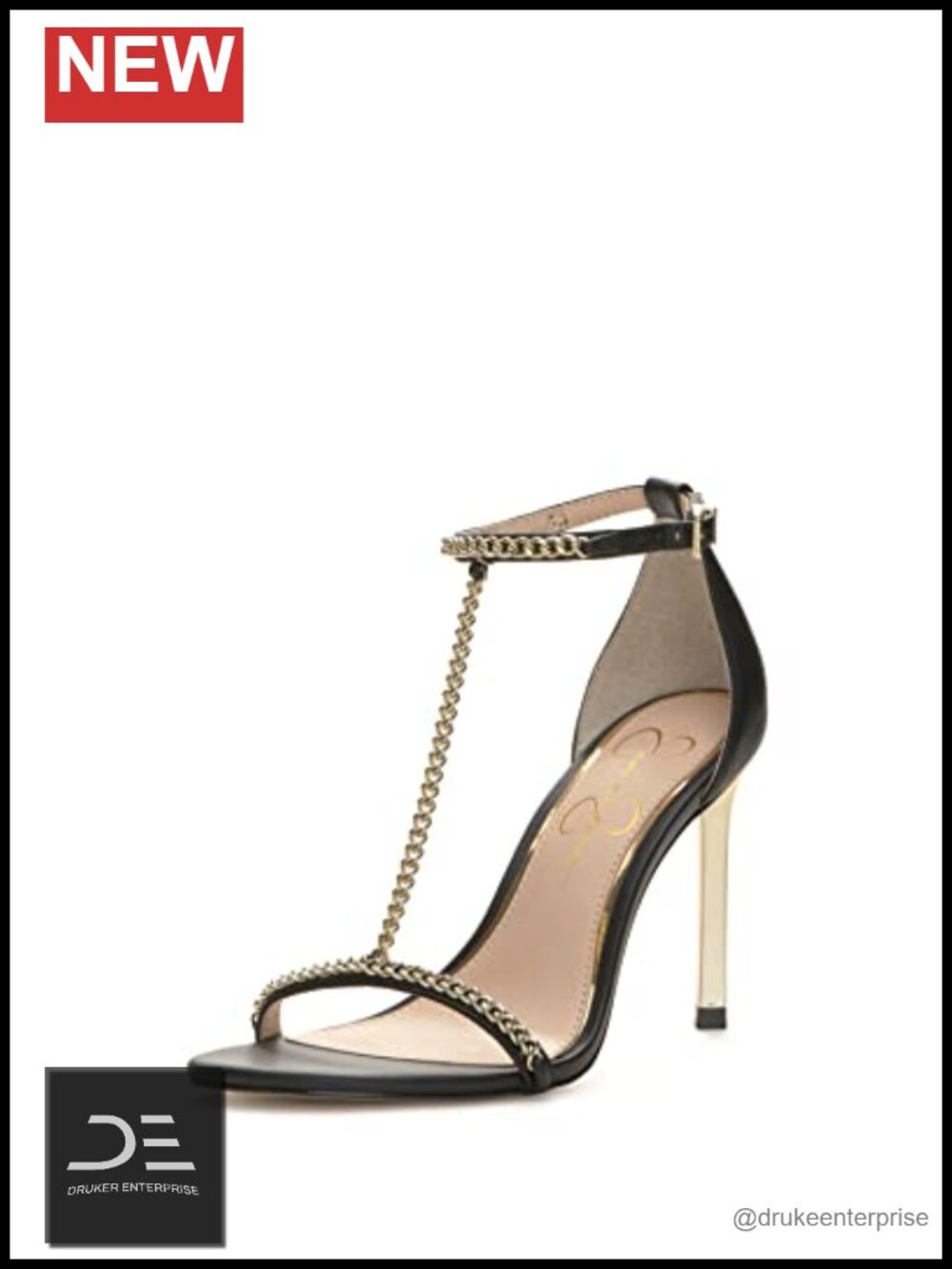 T-Strap Stiletto Heel Sandals with Chain Detail Faux Leather
